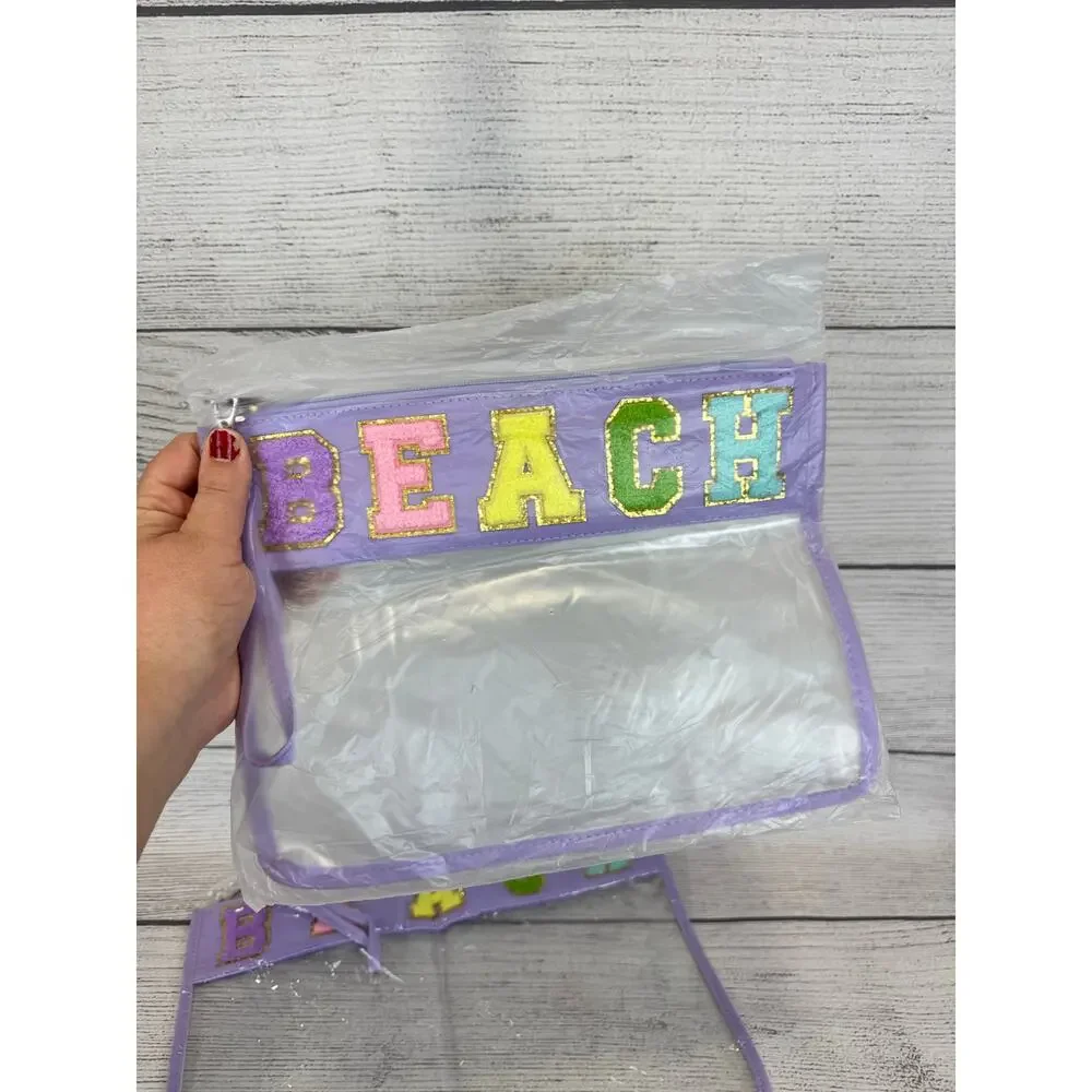 2 Brand New Purple Beach Colorful Clear Zip Travel Bags